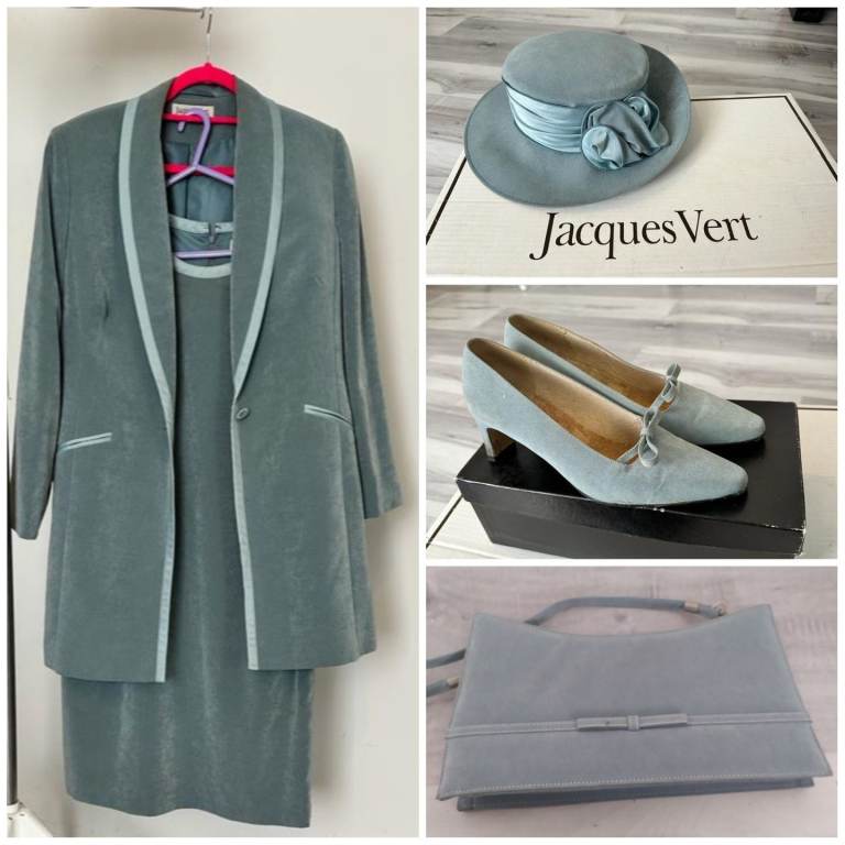 Jacques Vert Aqua Velvet Dress + suit jacket size 14 Clutch Bag/Hat/Shoes size 6 in original box