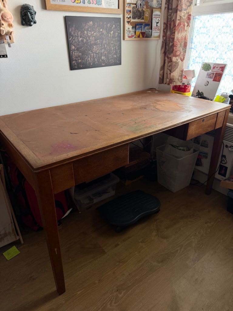Vintage Wooden Leather Top Desk with Drawers – Fair Condition