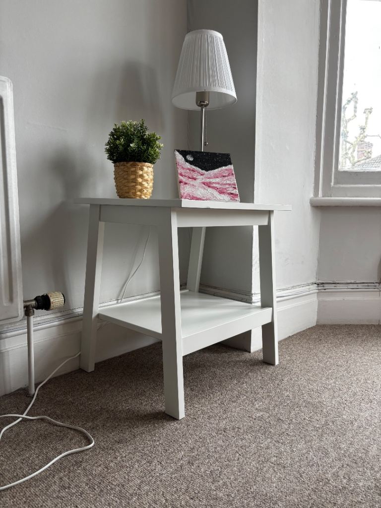 White Wooden Bedside Table with Shelf – Fair Condition