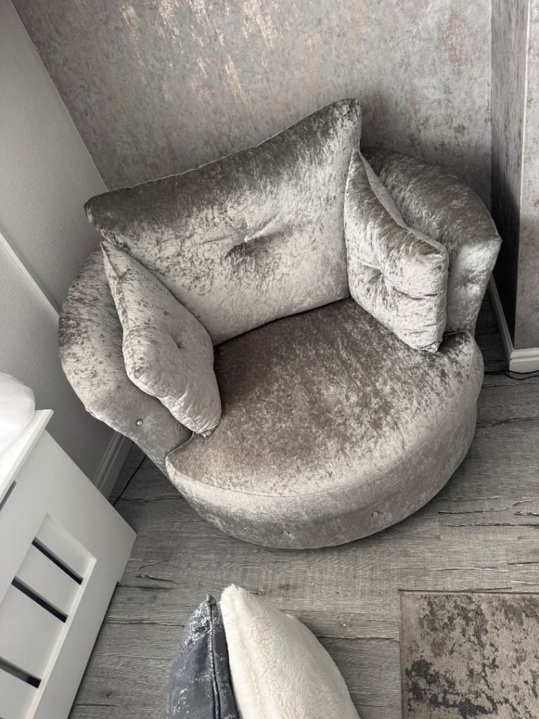 Lovely Grey Velvet Sofa and Swivel Chair Set – Good Condition