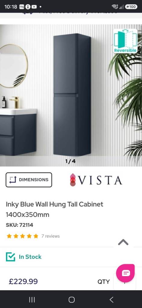 VISTA Inky Blue Wall Hung Tall Cabinet 1400x350mm