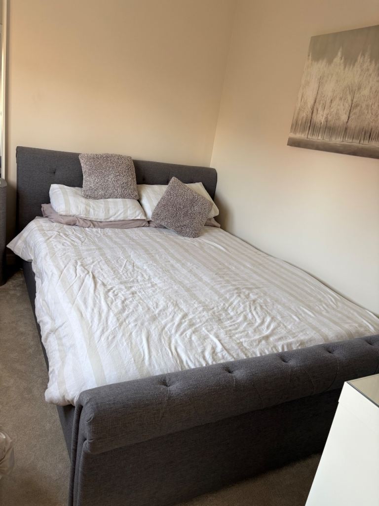 Grey Fabric Double Bed Frame – Good Condition