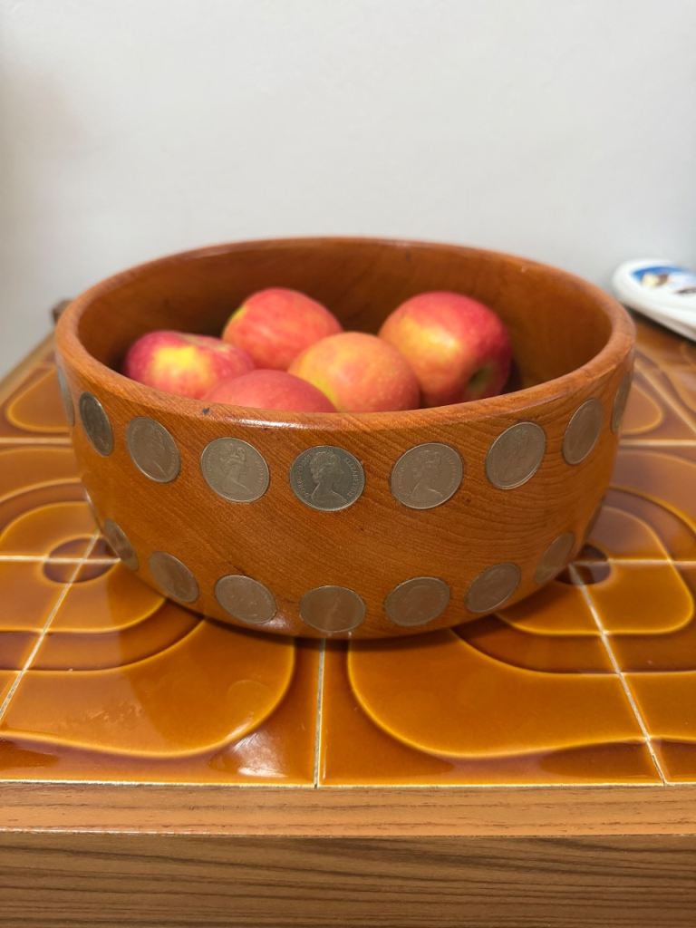 Unique Wooden Bowl with Coin Inlay – Good Condition