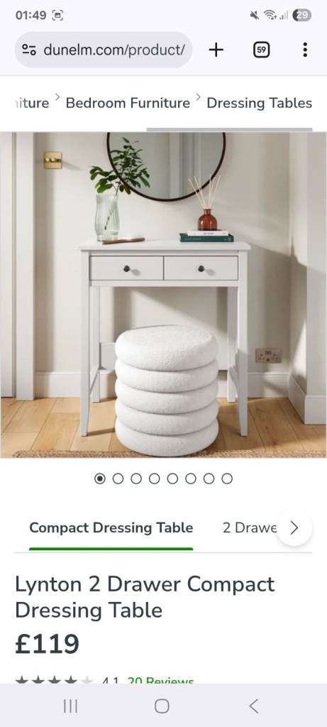 Dunelm Lynton 2 Drawer Compact White Dressing Table