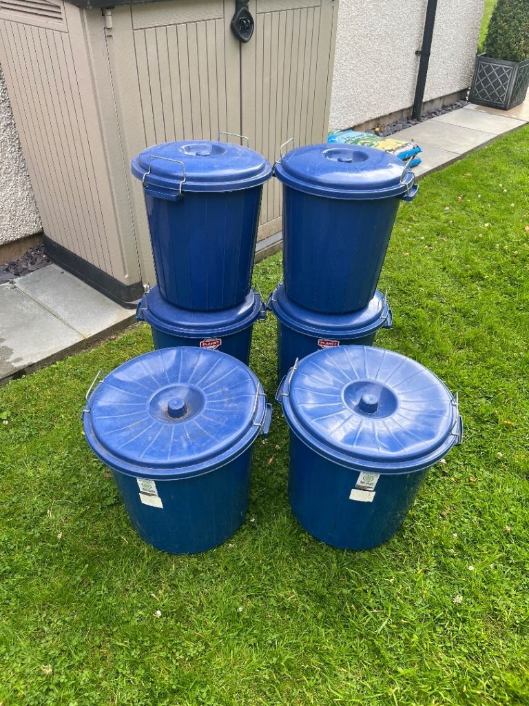 Used Six Blue Plastic Storage Bins with Lids – Good Condition