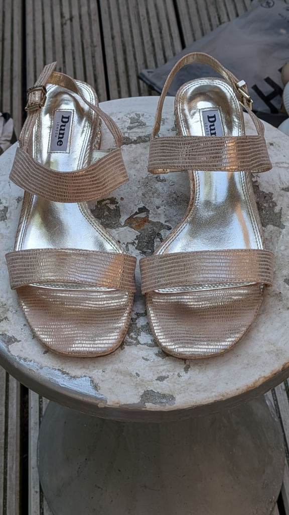 UK Size 6/EUR 39 Dune "Ninah" Gold Reptile Synthetic Low Jewelled Block Sandals