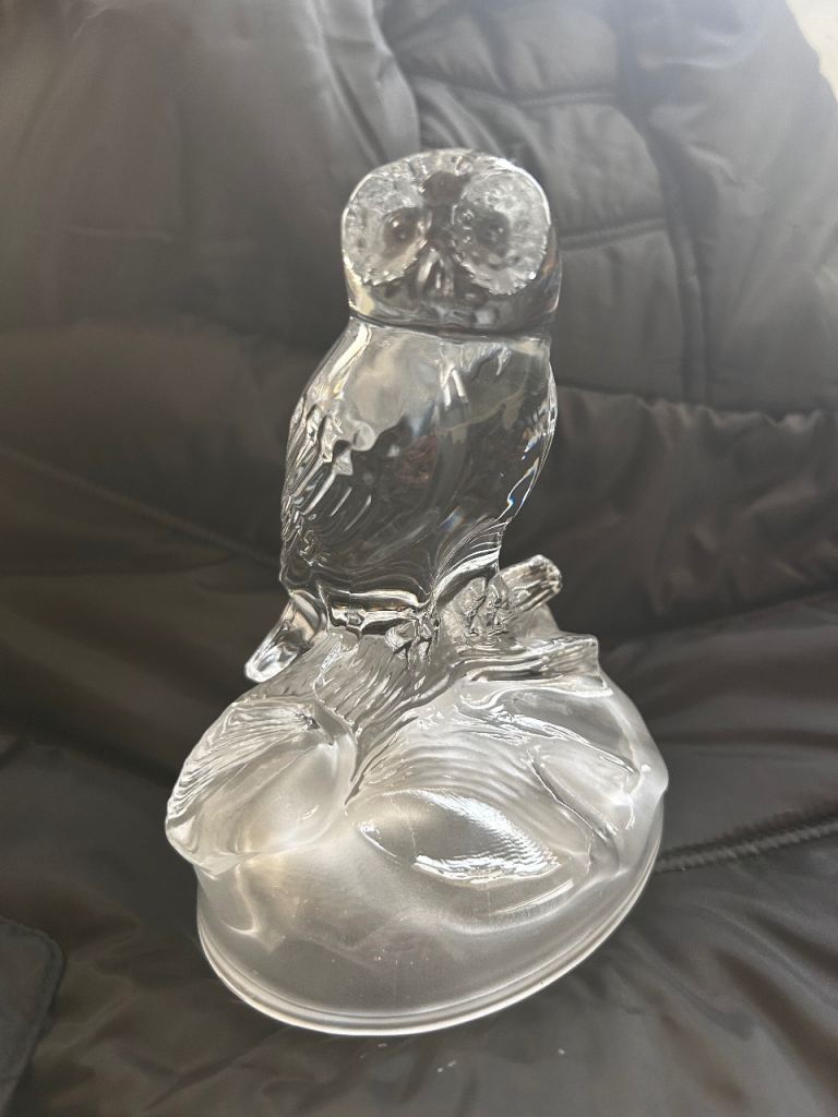 Unmarked Clear Glass Owl Figurine Decorative Ornament on Base