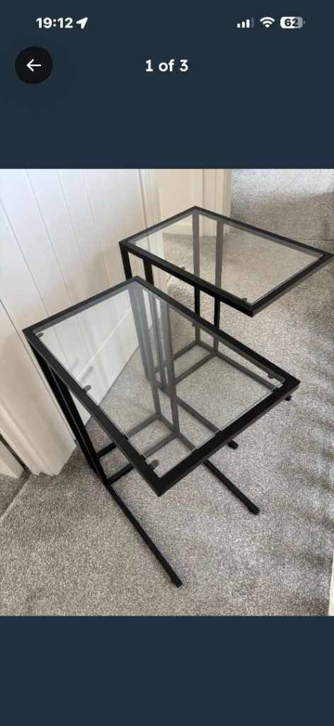 Side tables x 2, metal and glass