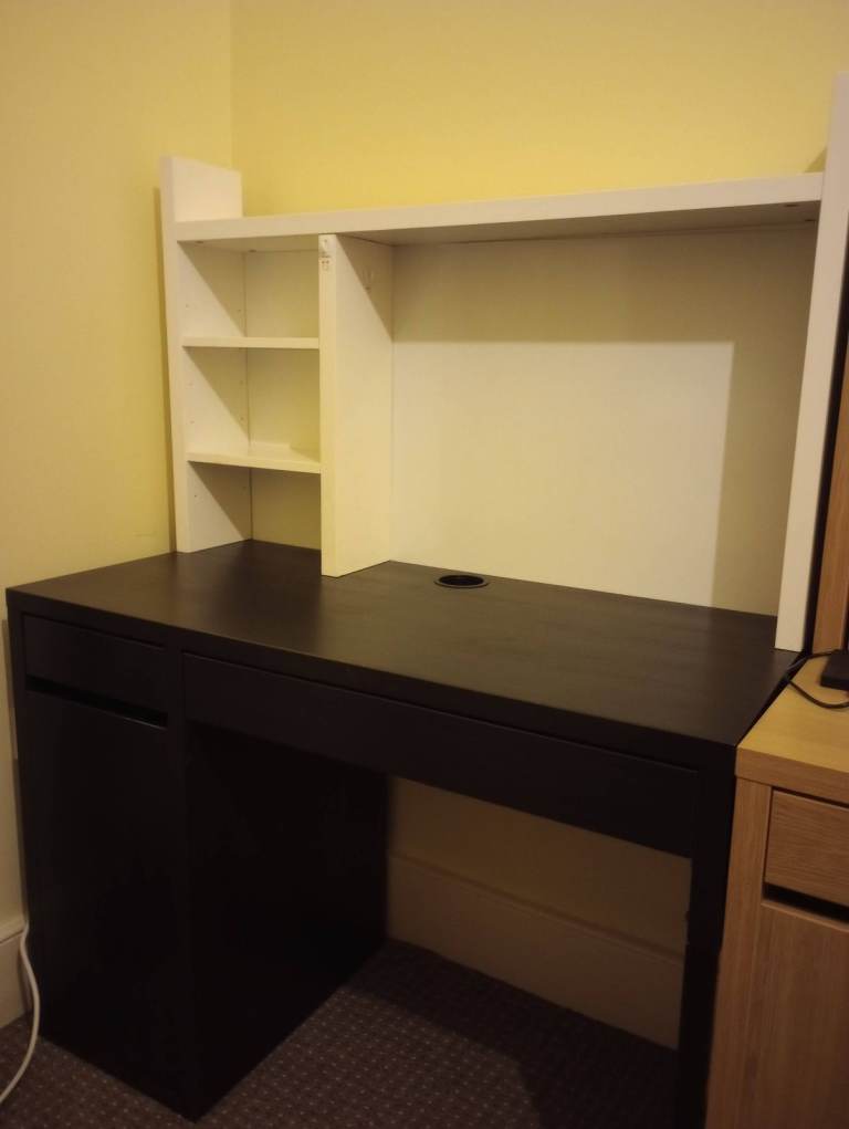 Less than half price! IKEA Black & White Micke Desk, Add On Unit (Magnetic Board) and 4 Shelves