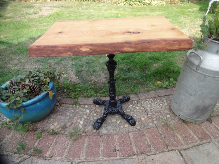 CAST IRON PEDESTAL TABLE WITH SLAB OF OAK TOP LIVE EDGE ~ INDOOR / OUTDOOR 