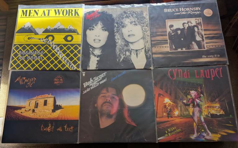 Job Lot of 6 Vinyl Records, Men at Work, Bruce Hornsby, Midnight Oil, Bob Seger, and Cyndi Lauper.