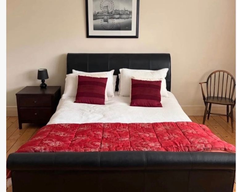 Brown Faux-Leather Sleigh Double Bed – Good Condition