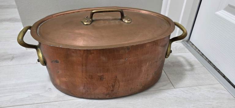Antique Leon Jaeggi & Sons Copper Pan w/ Lid Brass Handles 8.5kg Large retro vintage
