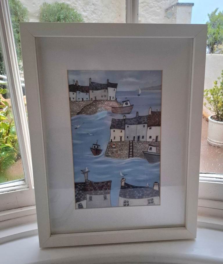 Framed Seaside Art Print - Village Harbour by Janice McGloine