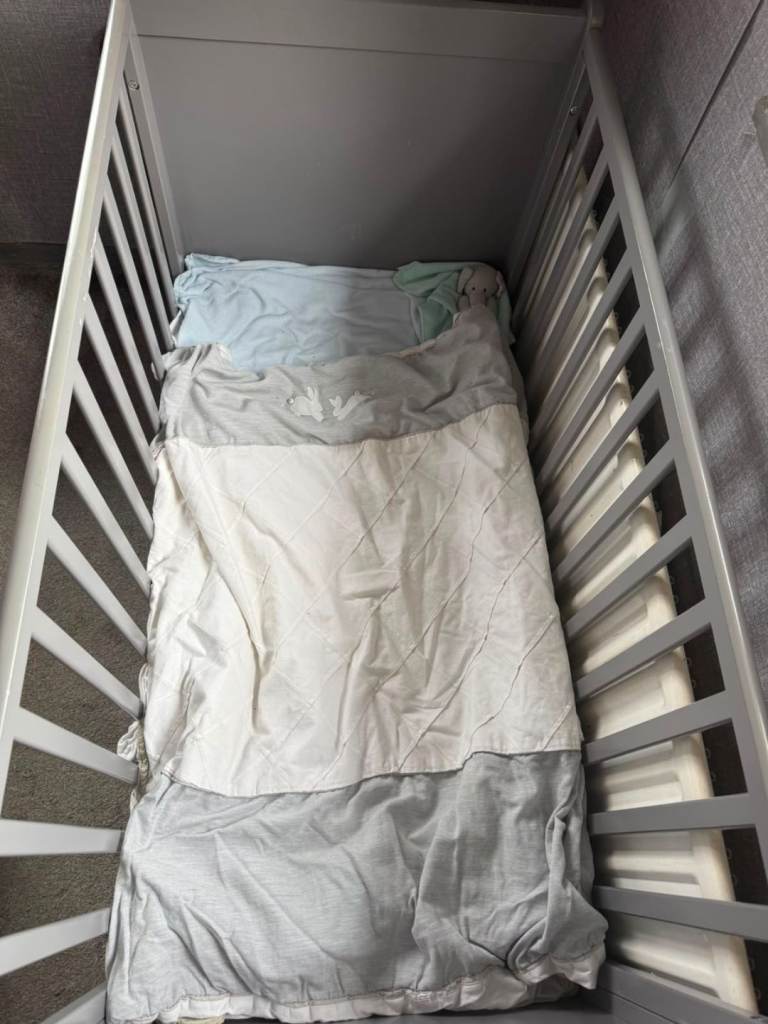 Grey Wooden Baby Cot Bed with Mattress – Good Condition