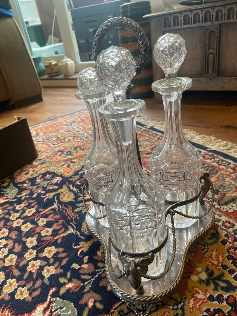  FREE Vintage Glass Decanter Set with Silver Plated Caddy – Good Condition