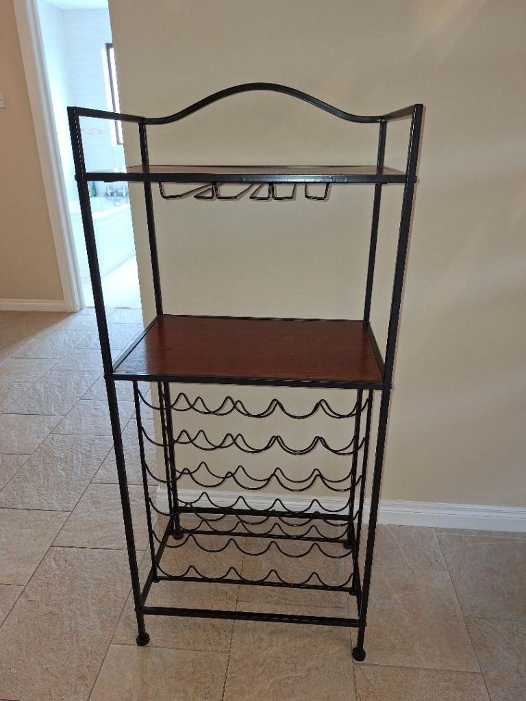 Stylish Metal & Wood Wine Rack with Glass Holder
