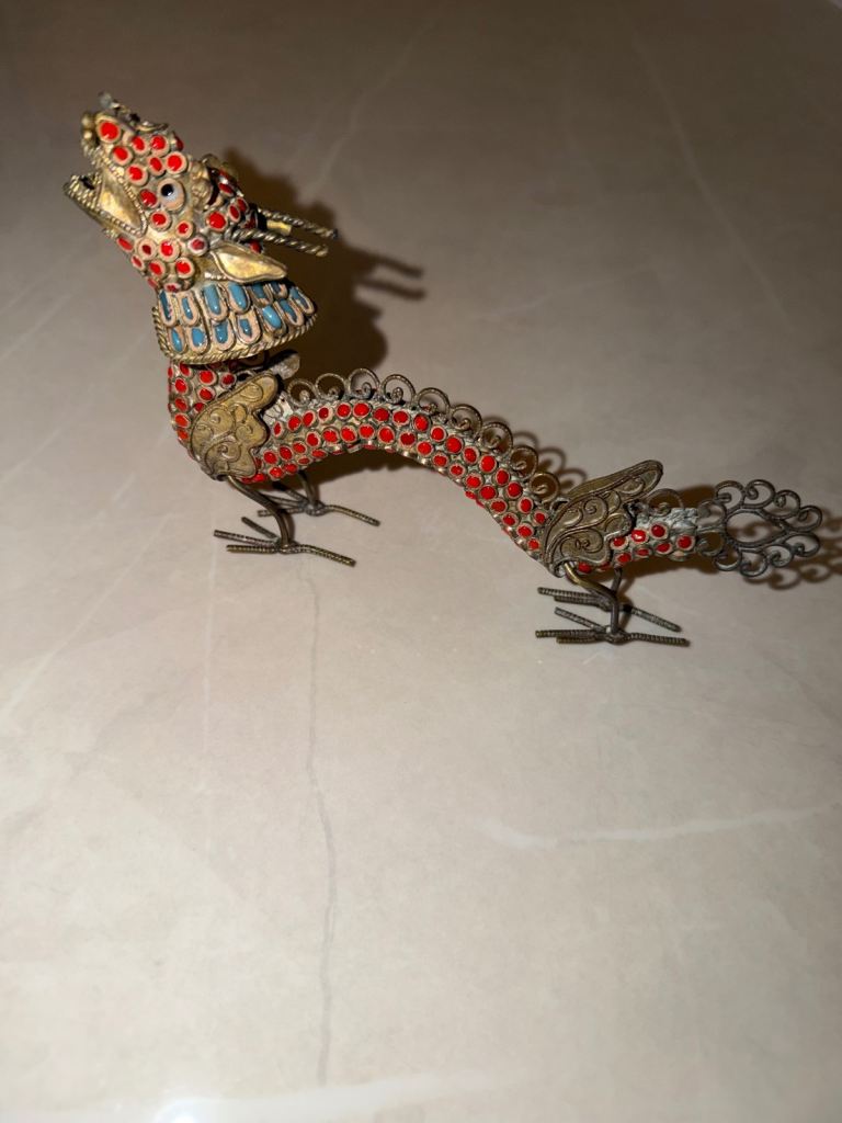 Handmade Antique Lucky Dragon Figurine – Brass with Real Gemstones (Coral & Turquoise)*