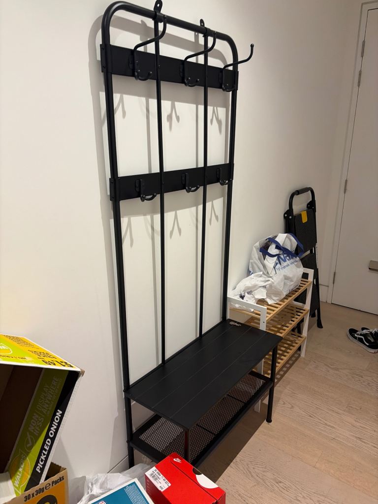 [FREE PICKUP] Black Metal Hallway Coat Rack with Shoe Bench