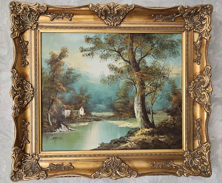 Framed oil on canvas woodland and river landscape original painting by artist I.Cafieri