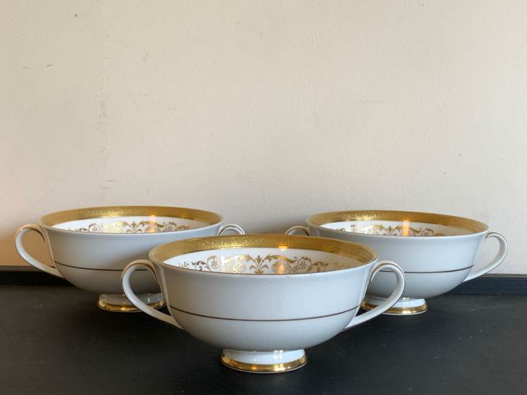 3x Royal Doulton Belmont Fine Bone China Soup Coupe's Bowls White & Gold H4991