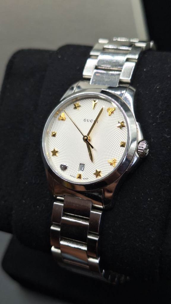 Gucci G-Timeless Silver Womens Watch With Gold Number Markers - YA126572