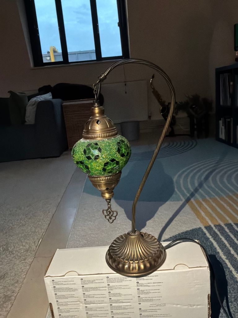 Handcrafted Turkish Mosaic Hanging Lamp – Antique Brass & Emerald Green Glass