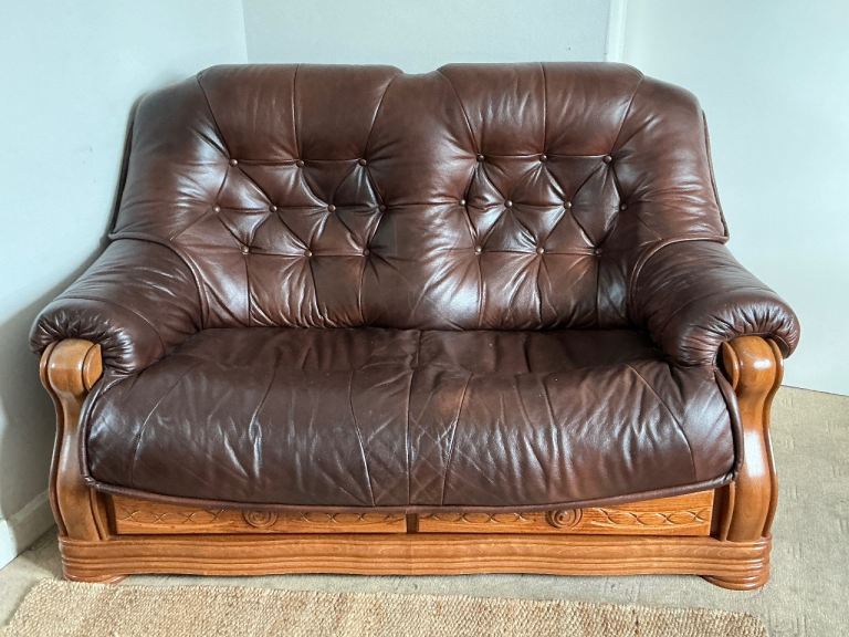 Leather frame, solid wood large 2 seater settee, good condition