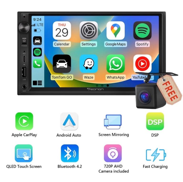 EONON Wireless Android Auto CarPlay X3 Double DIN 7" QLED Car Radio Stereo Sat Nav DSP