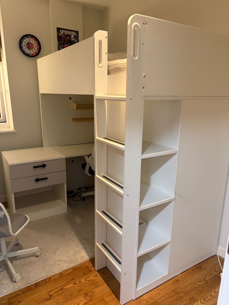 IKEA SMÅSTAD Loft Bed with Desk and Wardrobe – White, Good Condition