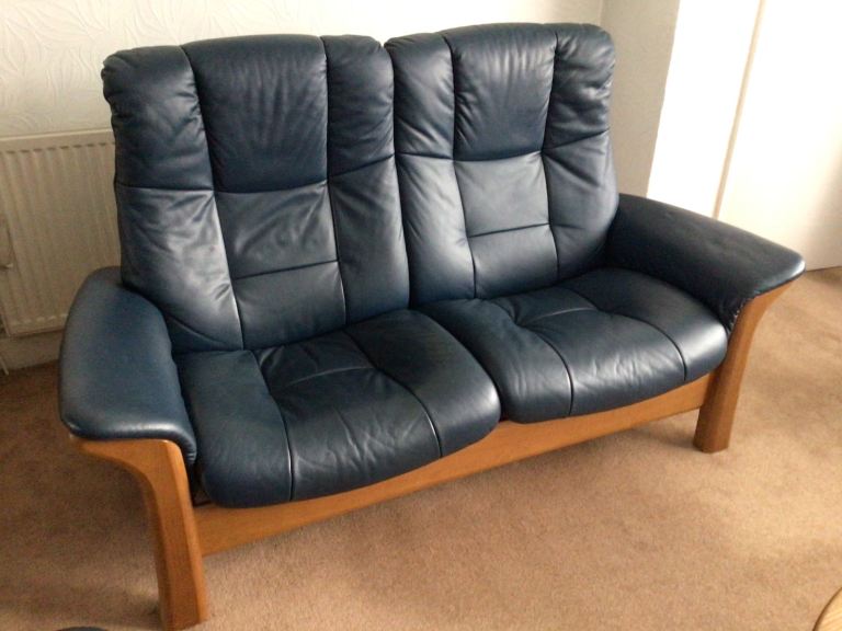 2 x Two Seater Navy Blue Leather Stressless Buckingham Sofas