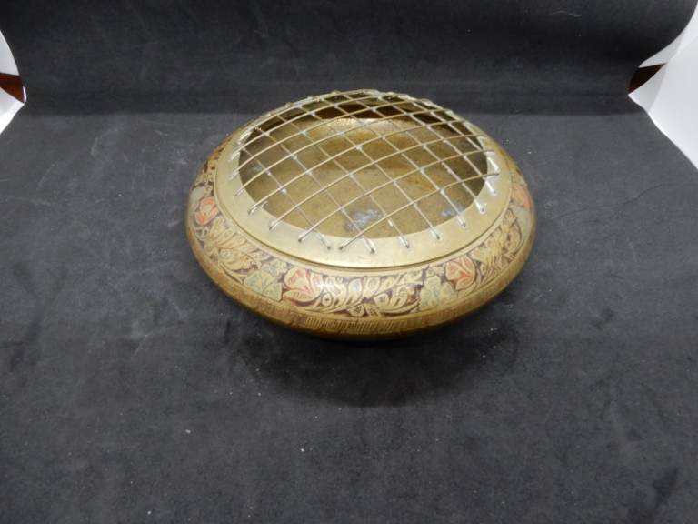 Antique Indian Brass Rose Bowl with screen lid flower holder 