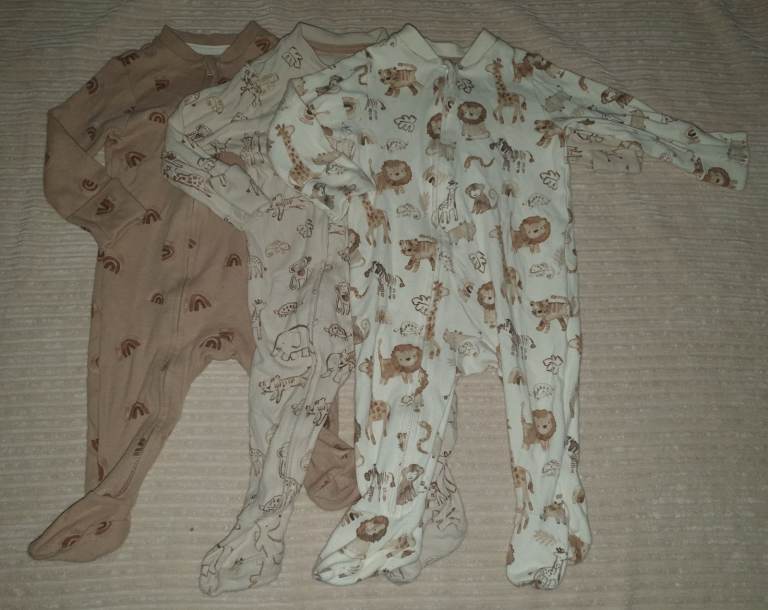 3x GEORGE Unisex Baby Beige Safari Print Zip Footed Jumpsuit Sleepsuit 3-6 mths