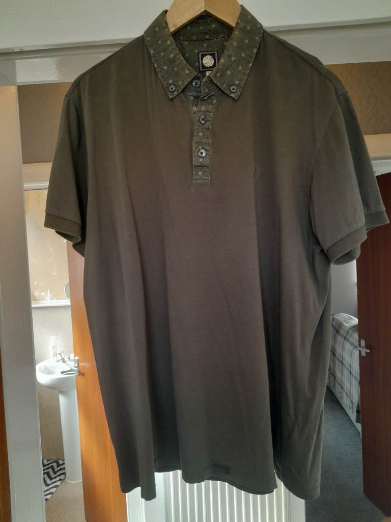 Pretty Green Men's Khaki Olive Polo Shirt Paisley Floral Collar Size L