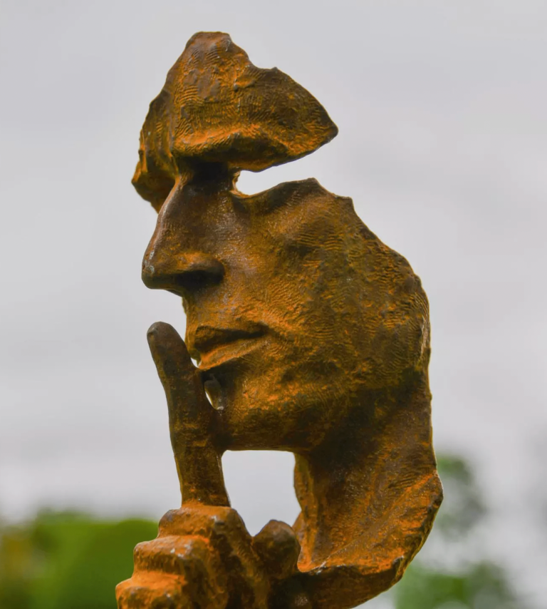 Rustic Cast Iron Abstract "Shushing" Head Bust Garden Sculpture