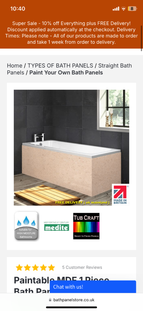 1600mm moisture resistant MDF bath panel with primed plinth 