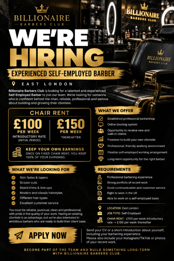 Barber Chair Available – Self-Employed Barber Wanted