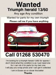 Wanted triumph 13/60  /  Herald  for spares  