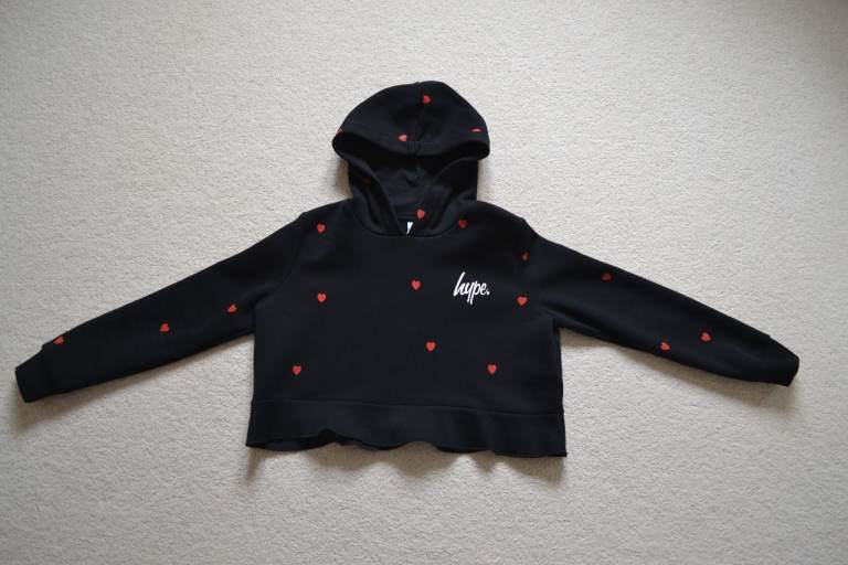 Hype Girls Black Crop Hoodie with Red Hearts - Age 13 years