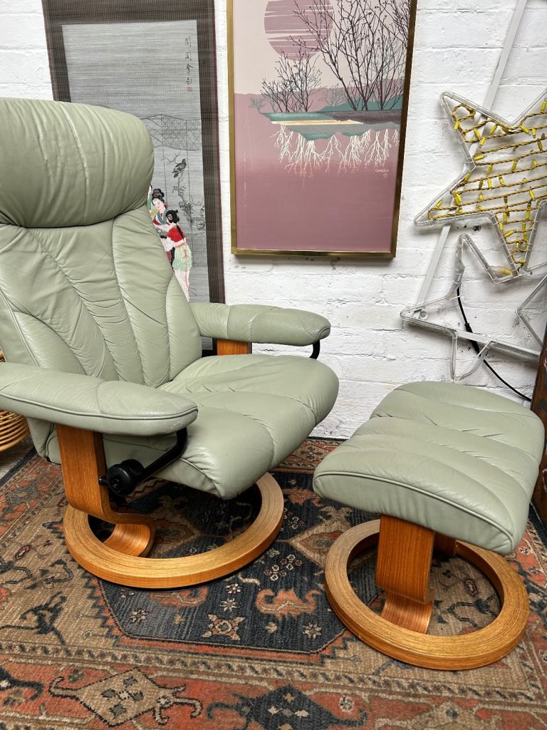 Ekorness Leather Swivel and Recline Chair and Footstool 