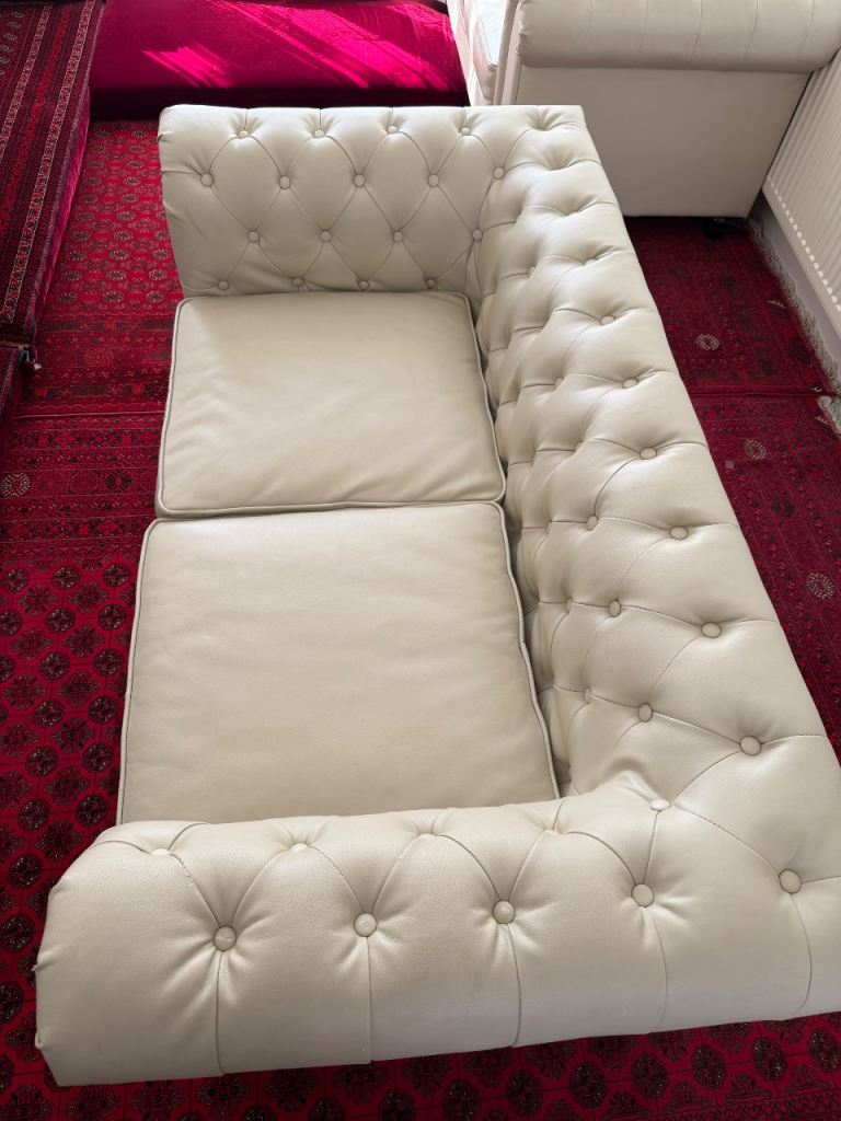 Cream Leather Chesterfield Style Sofa – Good Condition