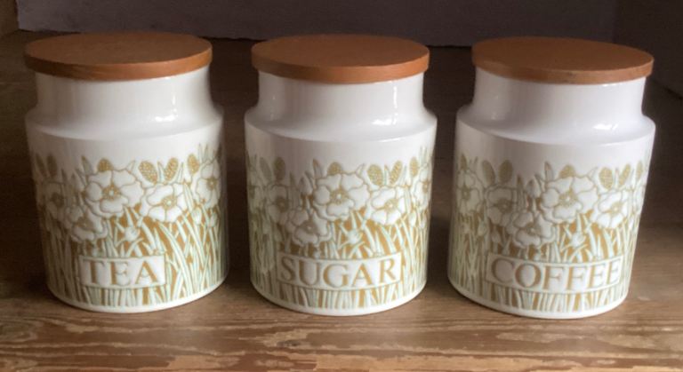 Vintage Tea, Coffee, Sugar Canisters – Cream with Floral Pattern