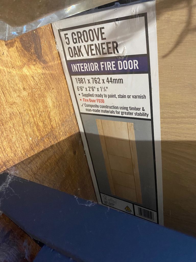2 x oak veneer 5 panel interior fire doors. New. 