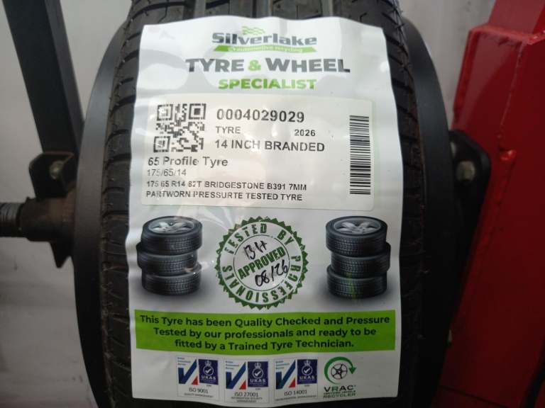 175 65 R14 82t Bridgestone B391 7mm Partworn Pressurte Tested Tyre