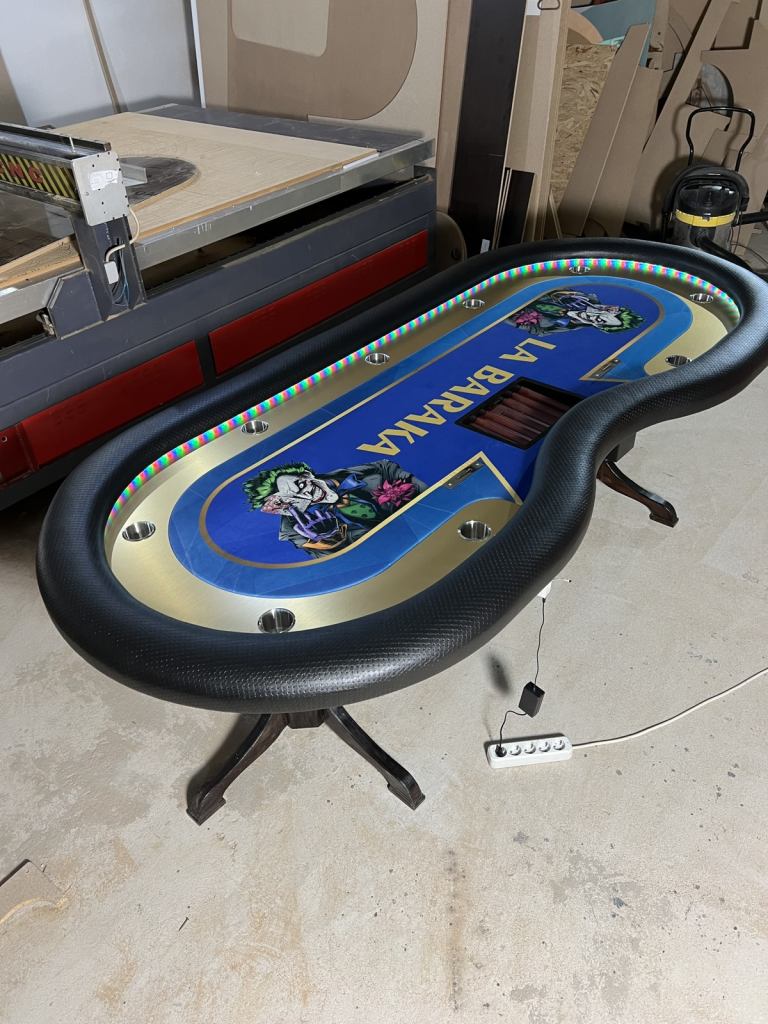 Poker table custom made with LED band, wooden legs, racetrack