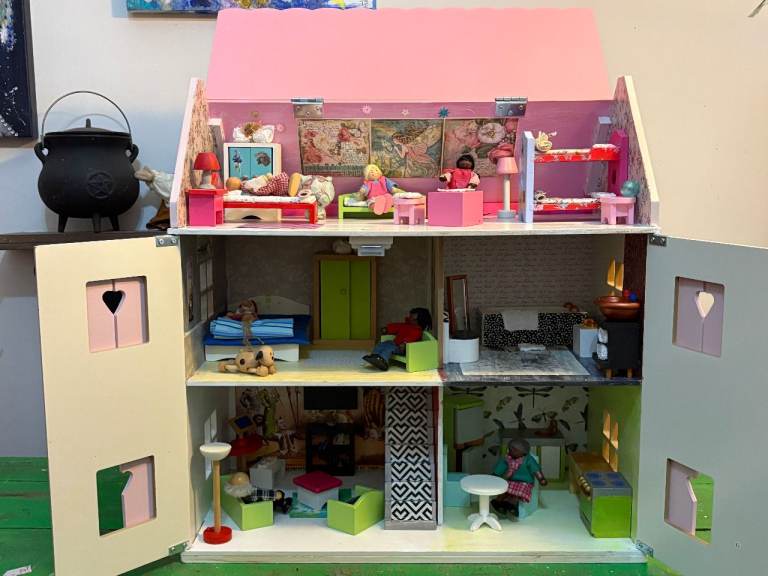 Wooden doll house, pre-loved. Hand painted ,decorated, furnished, family  SUPER girls 5-10 fun gift