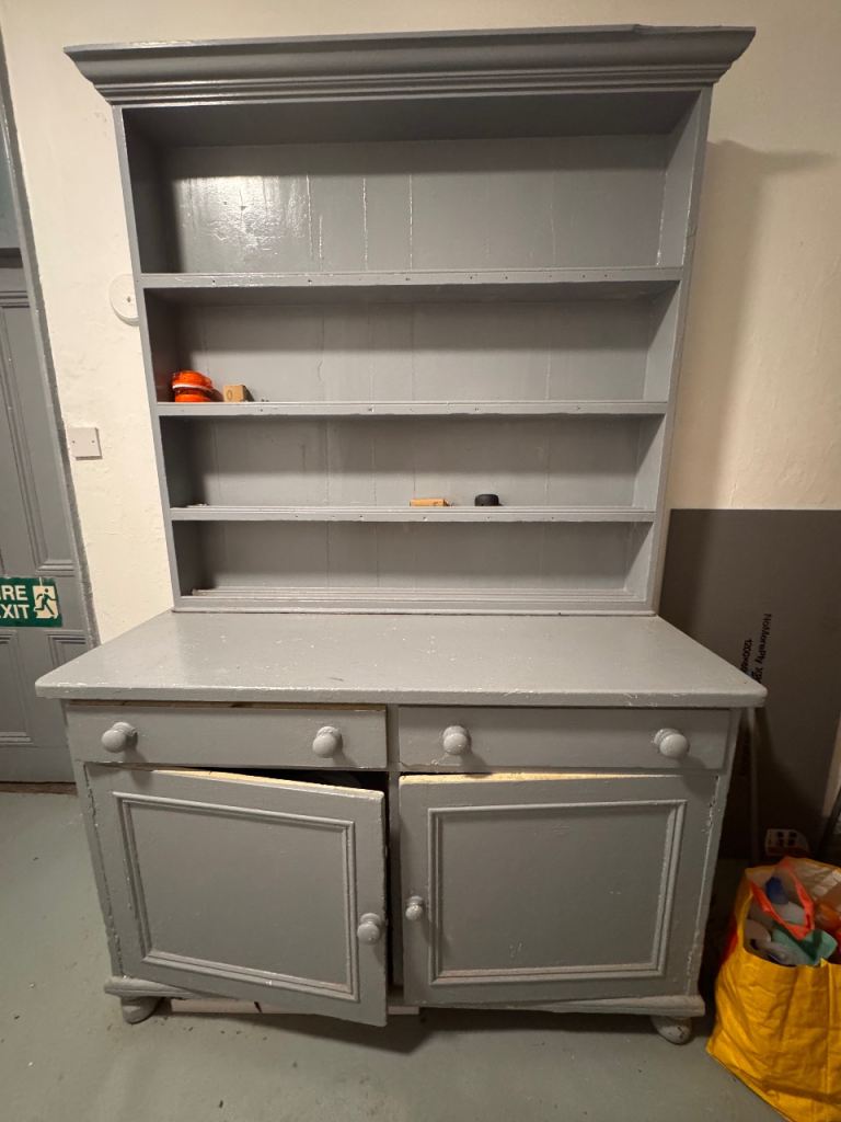 Grey Painted Wooden Dresser with Shelves and Cupboards
