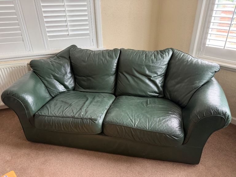  Green Leather 2-Seater Sofa – Good Condition