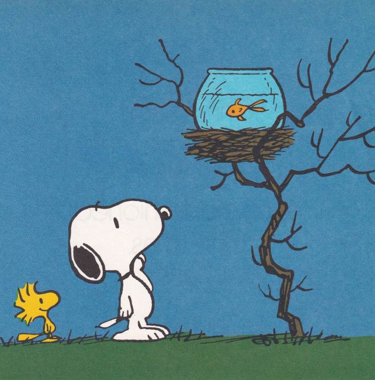 156. A Rare Original Print of SNOOPY AND WOODSTOCK WITH A GOLDFISH BOWL IN A NEST / PEANUTS