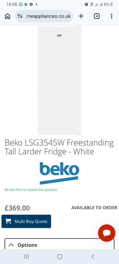 Beko LSG3545W Freestanding Tall Larder Fridge - White - DELIVERY AVAILABLE